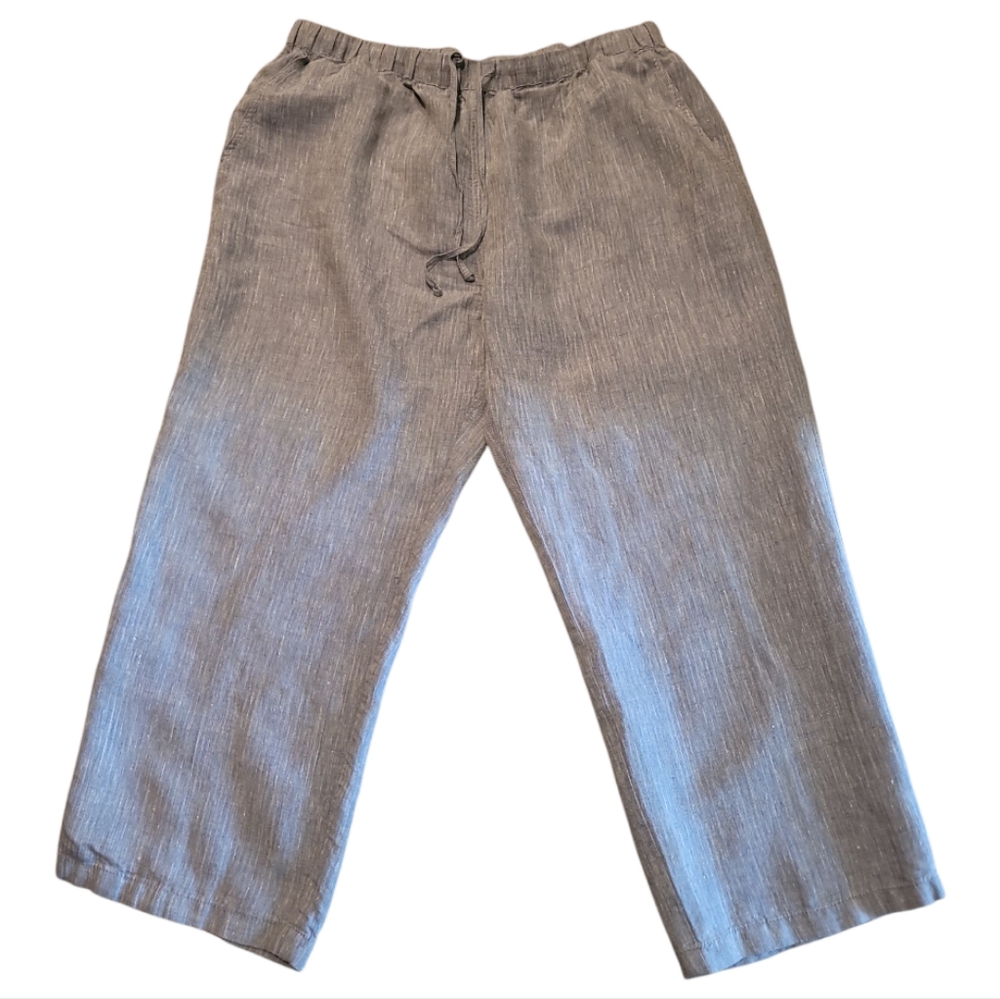 Vivid pants linen 2X elastic drawstring waist slash pockets pale blue gray